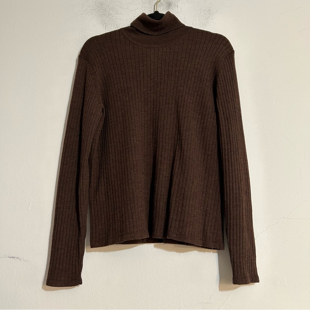 Vintage Pursuits Ribbed Merino Wool Chocolate Brown Turtleneck Sweater Large